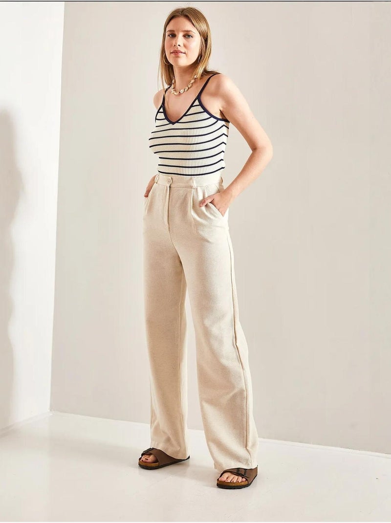 Palazzo-broek met hoge taille en plooien lucci Zand - Kiabi