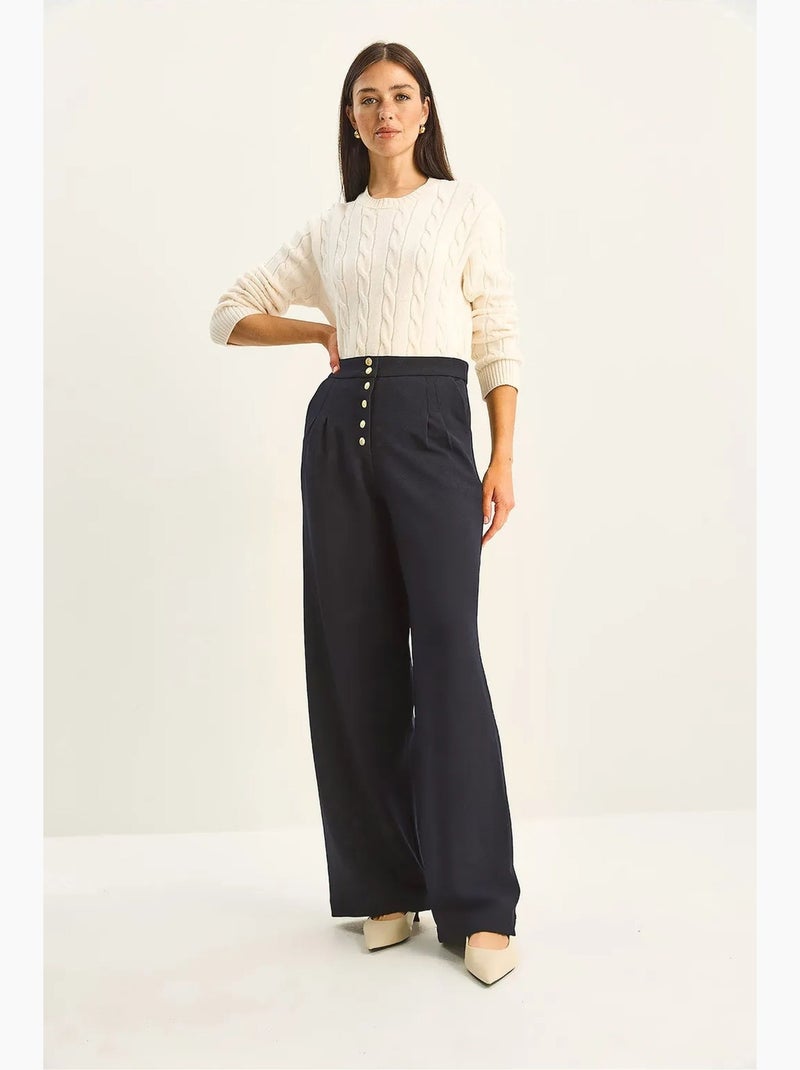 Palazzo-broek met hoge taille en wijde pijpen lucci Marineblauw - Kiabi