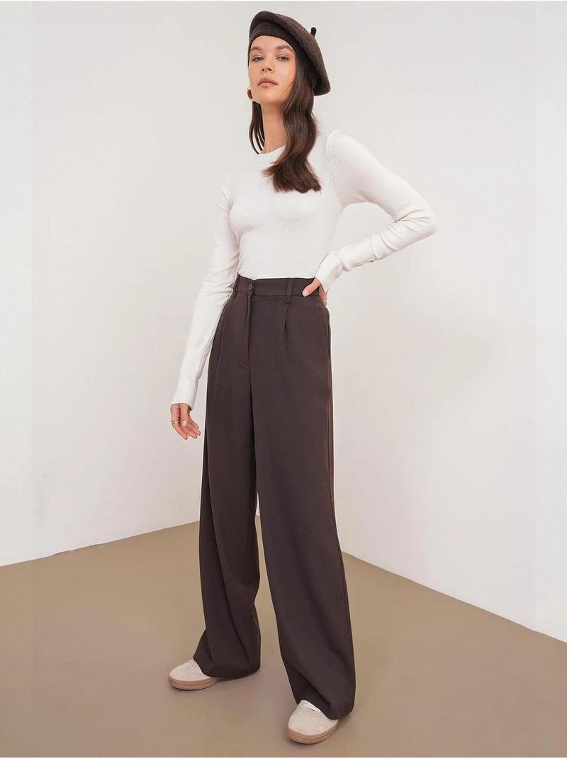 Palazzo-broek met hoge taille en zakken mixray Donkerbruin - Kiabi