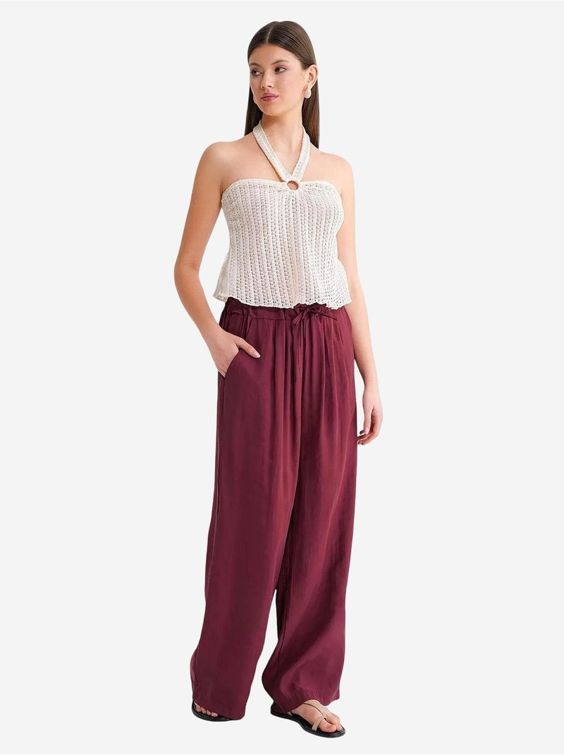 Palazzo-broek met hoge taille van modal met plooien en trekkoord mixray Bordeauxrood - Kiabi