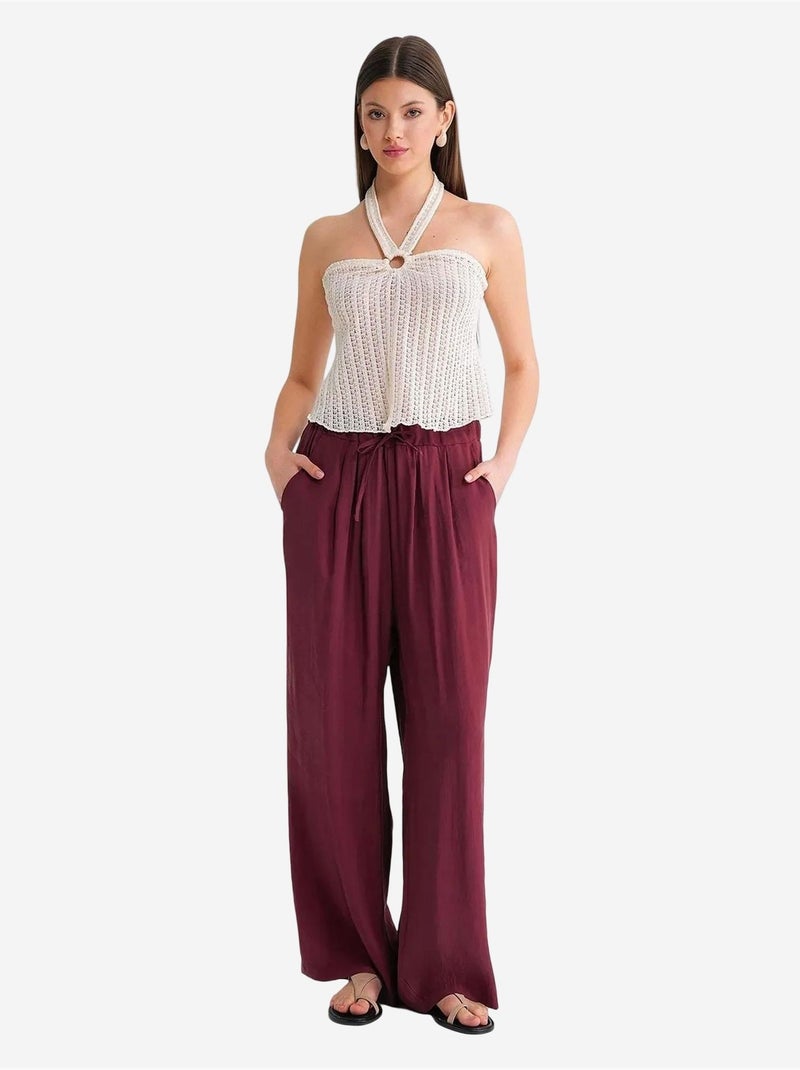Palazzo-broek met hoge taille van modal met plooien en trekkoord mixray Bordeauxrood - Kiabi