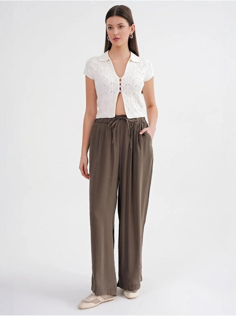 Palazzo-broek met hoge taille van modal met plooien en trekkoord mixray Kaki - Kiabi