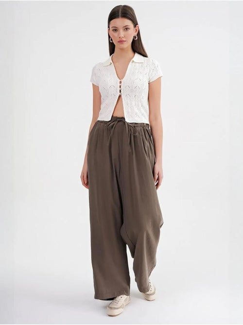 Palazzo-broek met hoge taille van modal met plooien en trekkoord mixray - Kiabi Palazzo-broek met hoge taille van modal met plooien en trekkoord mixray - Kiabi