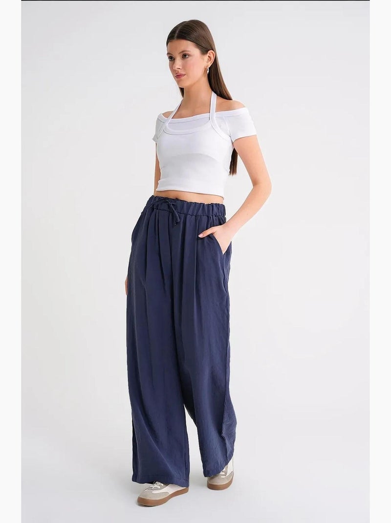 Palazzo-broek met hoge taille van modal met plooien en trekkoord mixray Marineblauw - Kiabi