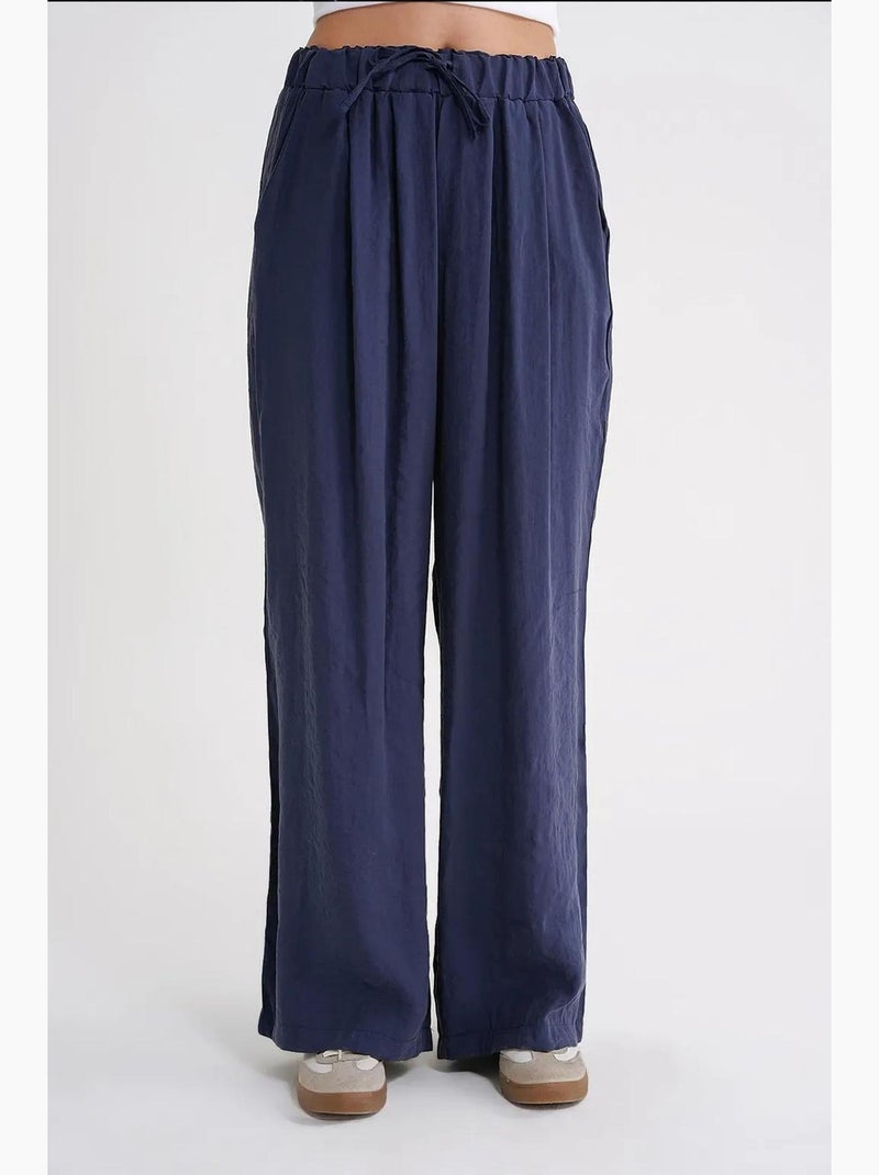 Palazzo-broek met hoge taille van modal met plooien en trekkoord mixray Marineblauw - Kiabi