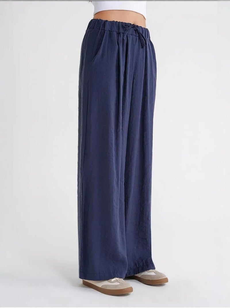 Palazzo-broek met hoge taille van modal met plooien en trekkoord mixray Marineblauw - Kiabi