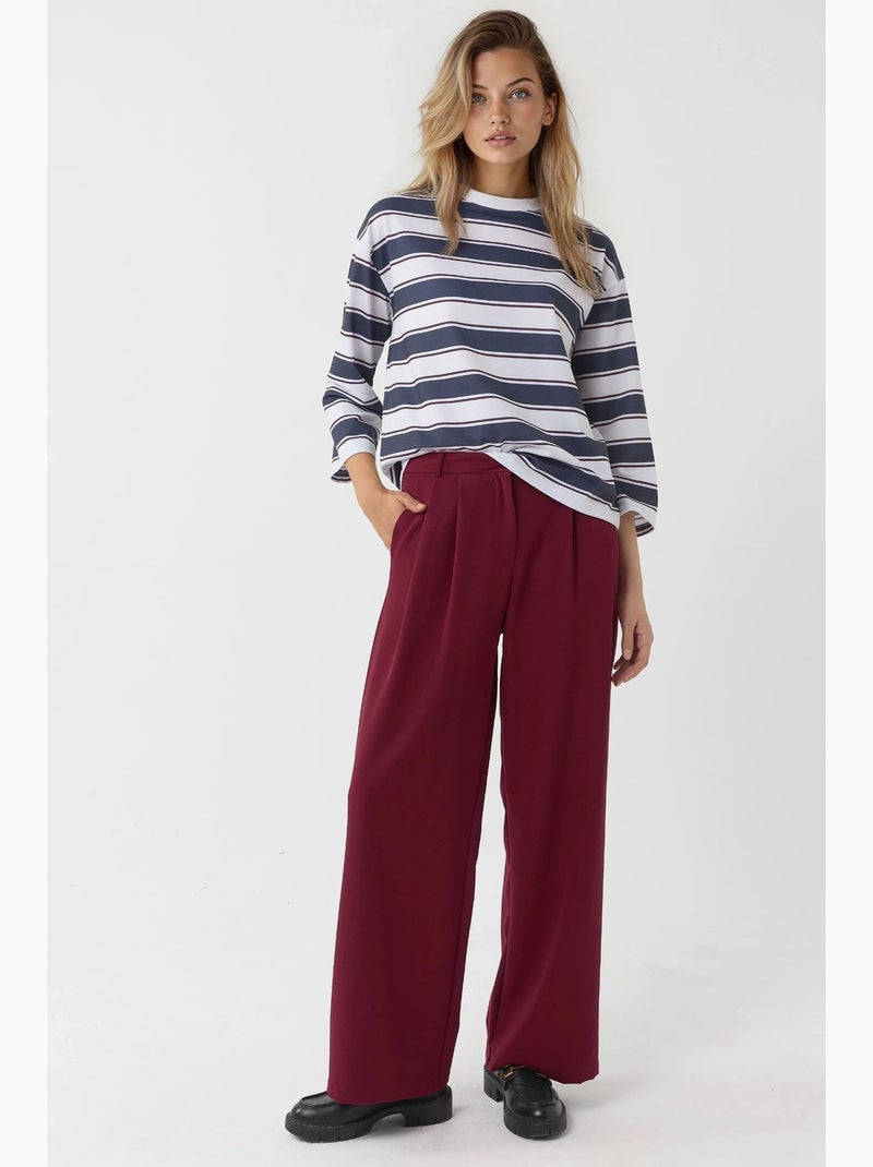 Palazzobroek met hoge taille en plooien hiccup Bordeauxrood - Kiabi