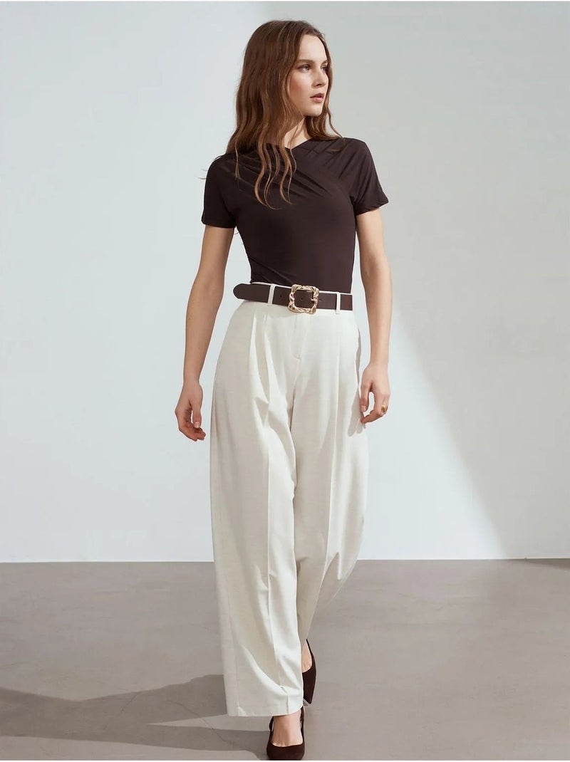 Palazzobroek met wijde pijp en ceintuur dilvin Crème - Kiabi