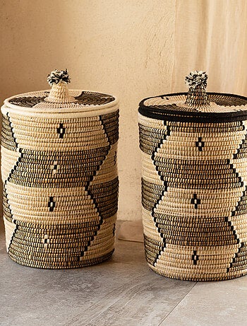 Panier à linge motifs ethniques en fibres naturelles