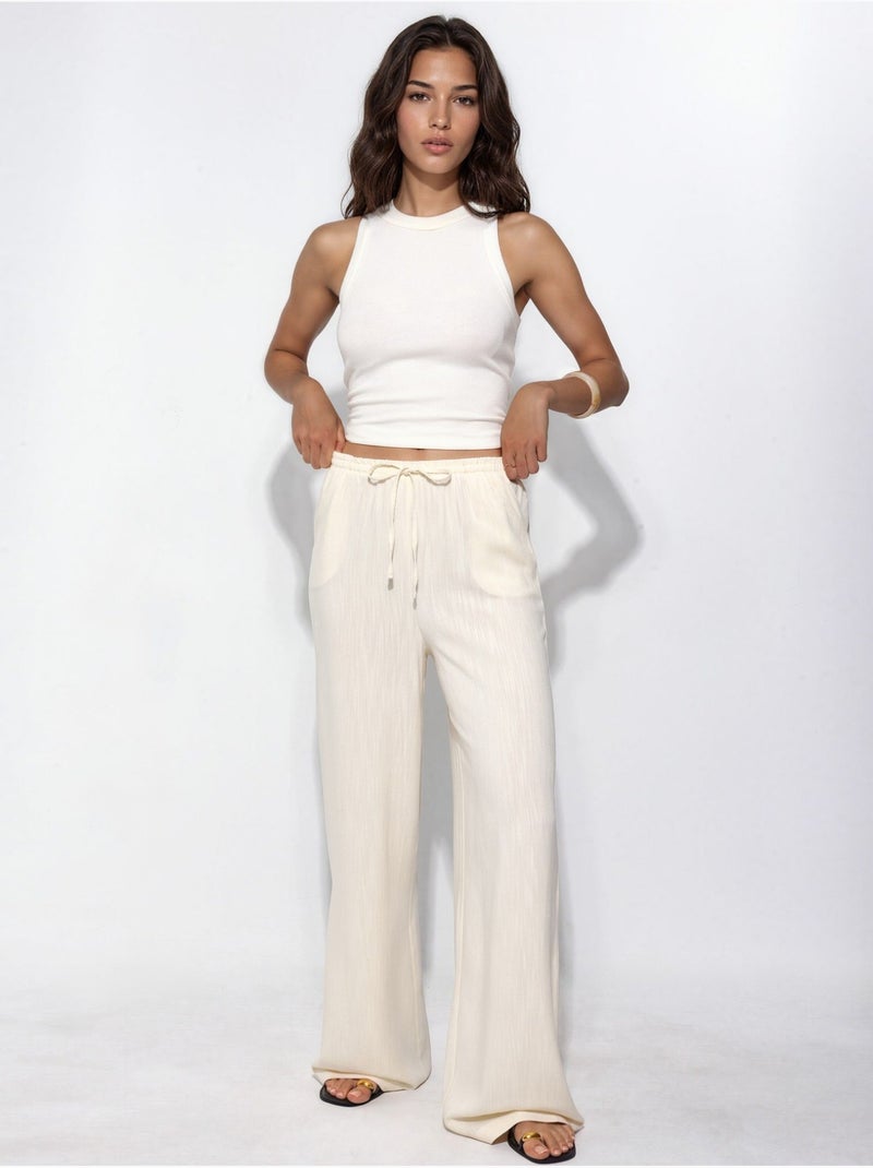 Pantalon à jambes larges à enfiler hiccup Crème - Kiabi