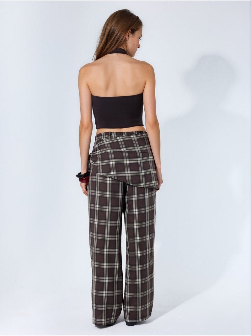 Pantalon à taille haute, carreaux, jambe large hiccup Marron - Kiabi