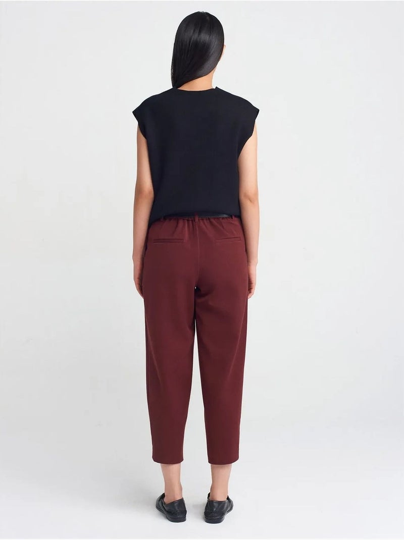 Pantalon capri femme à jambe droite et ceinture dilvin Rouge bordeaux - Kiabi