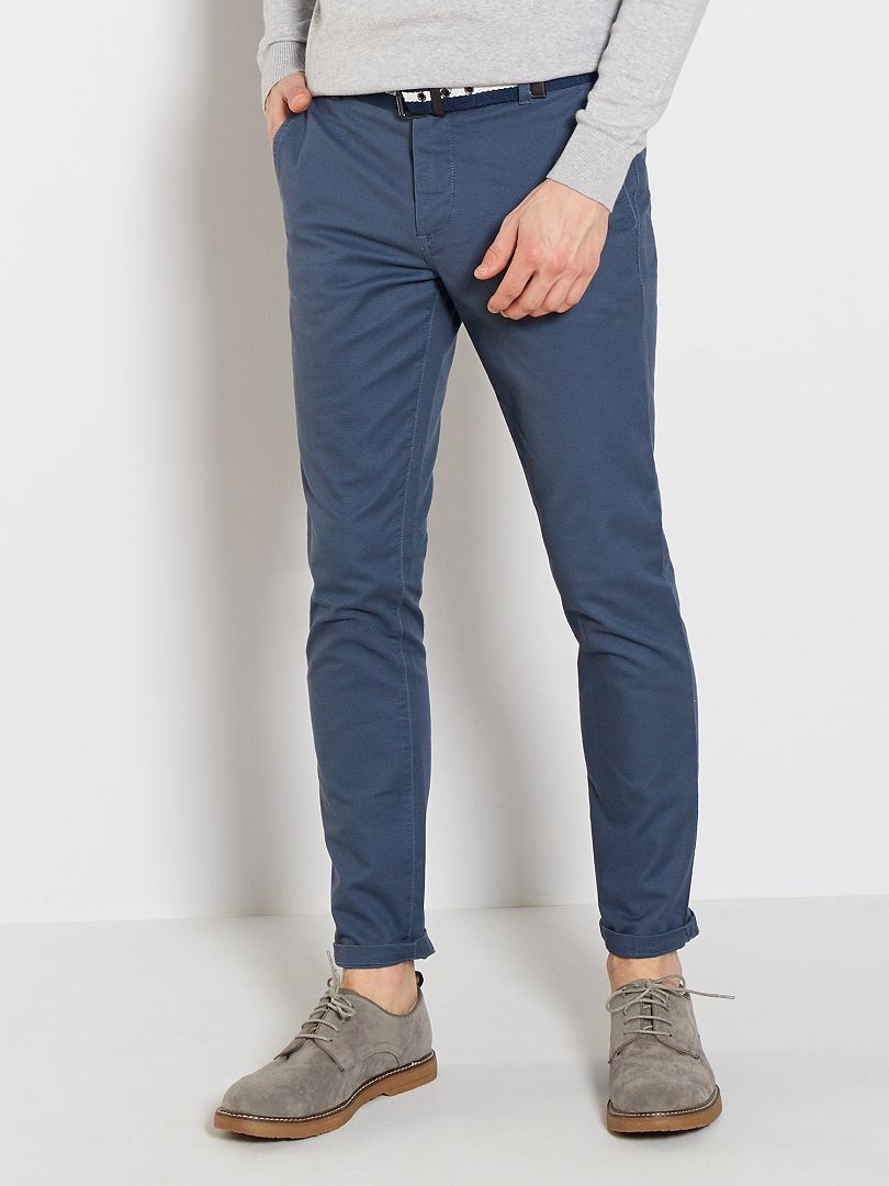 Pantalon chino slim + ceinture bleu gris - Kiabi