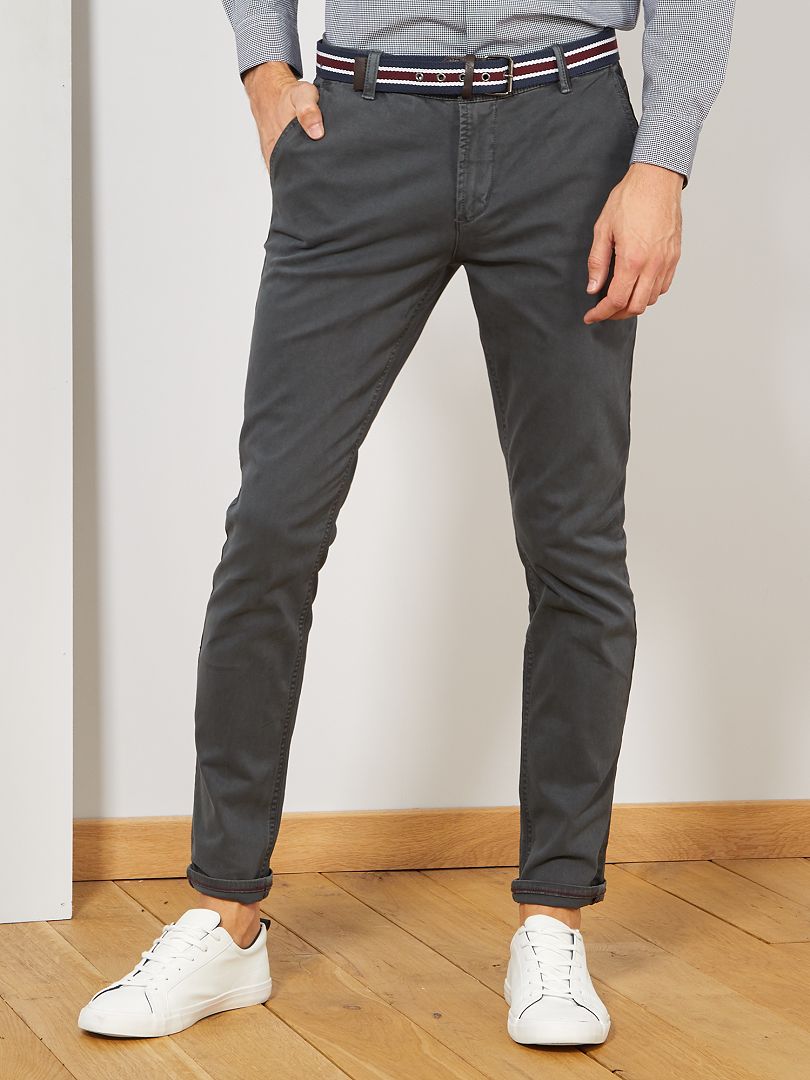 Pantalon chino slim + ceinture gris - Kiabi
