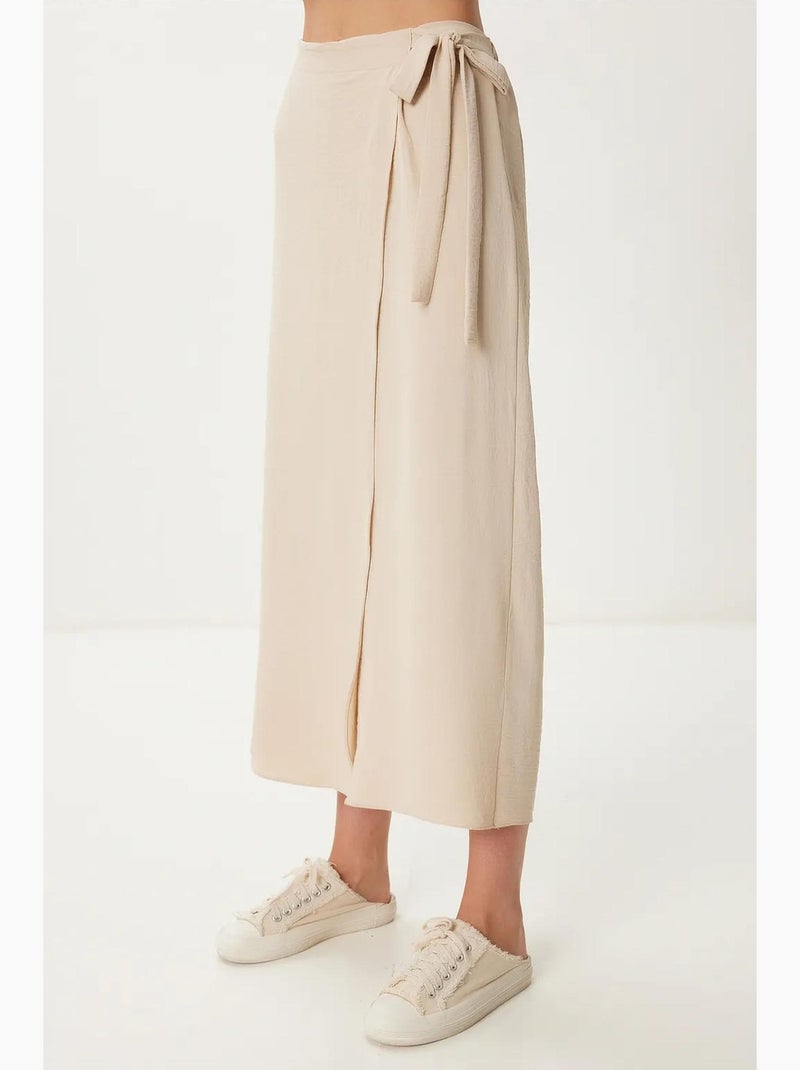 Pantalon court taille haute à jambes larges avec détail noué istanbul Crème - Kiabi