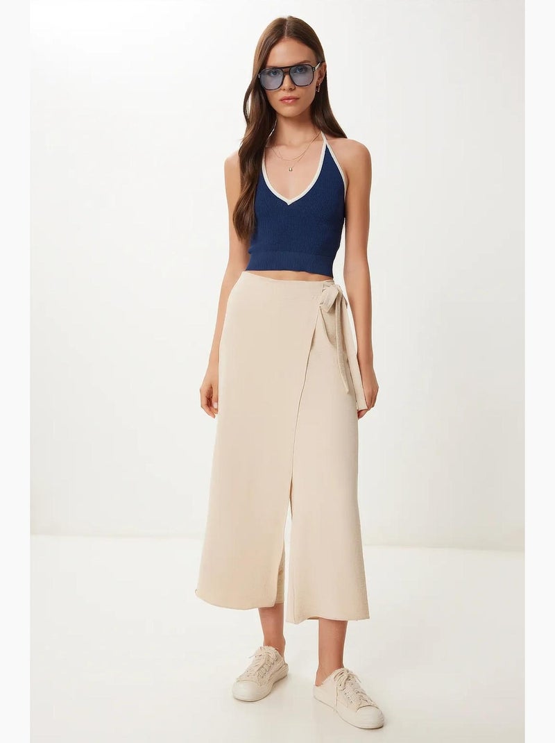 Pantalon court taille haute à jambes larges avec détail noué istanbul Crème - Kiabi
