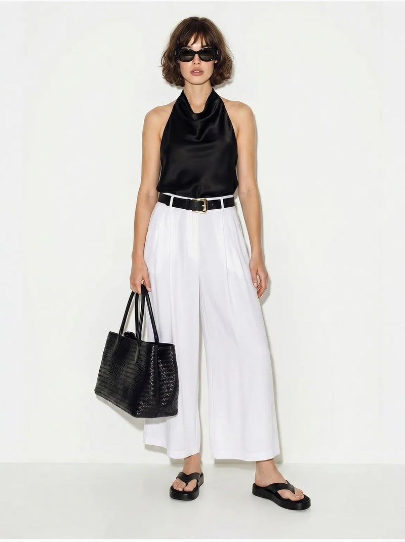 Pantalon culotte à taille haute et plis lucci Blanc - Kiabi