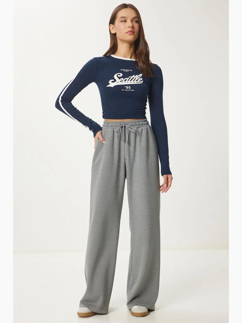 Pantalon de jogging jambe large à taille à cordon istanbul Gris Noir - Kiabi