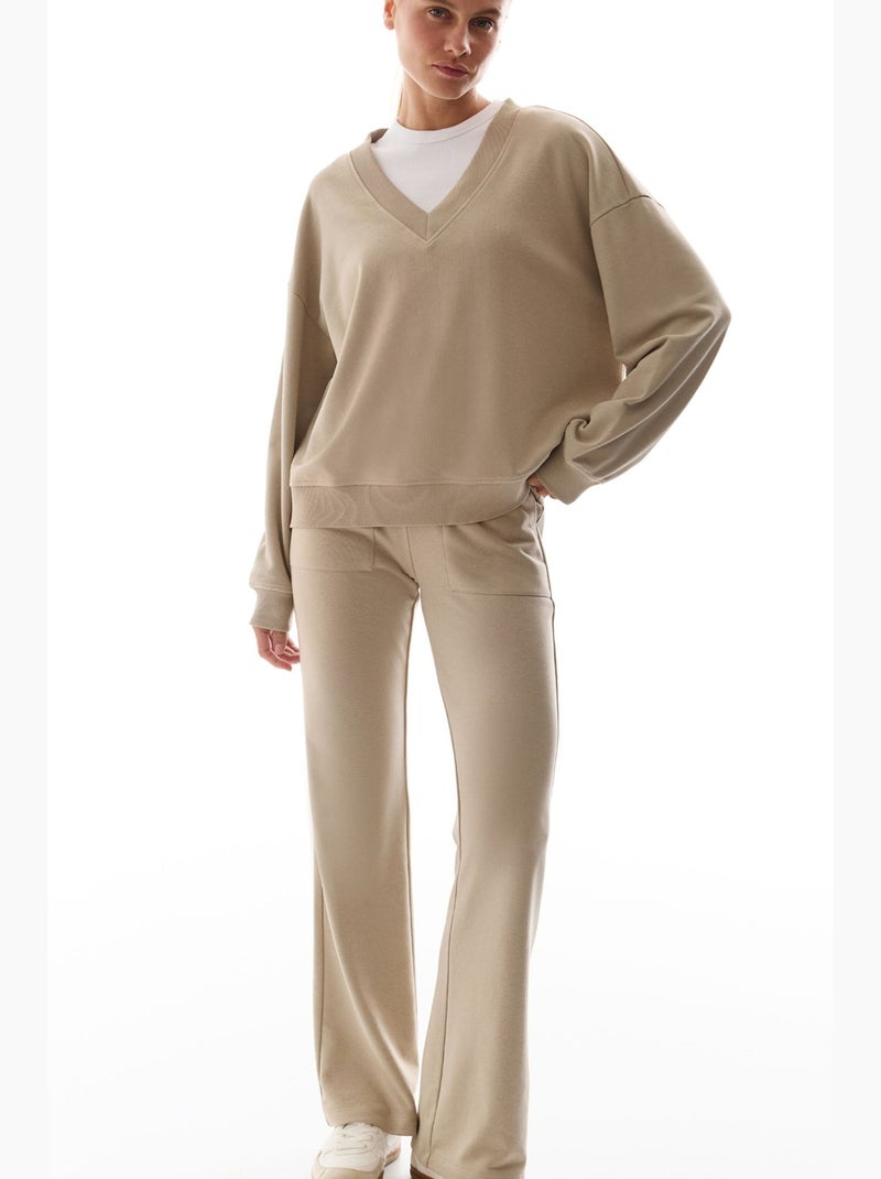 Pantalon de survêtement évasé avec détail côtelé penti Beige argile - Kiabi
