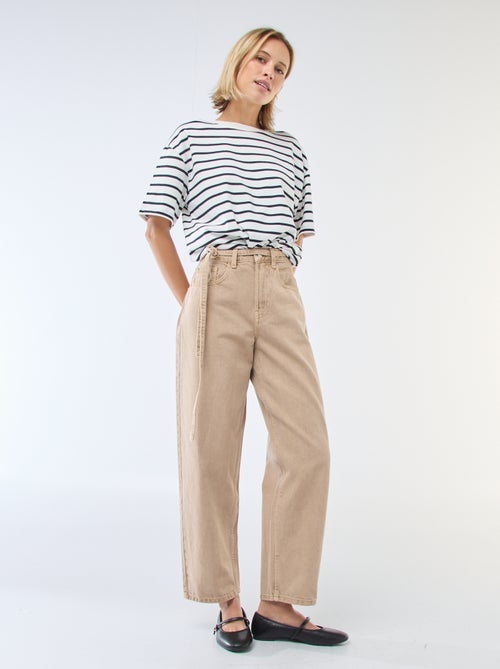 Pantalon denim barrel fit uni avec nœud - Kiabi