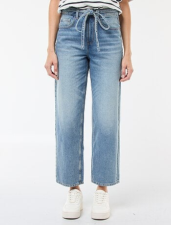 Pantalon denim barrel fit uni avec nœud
