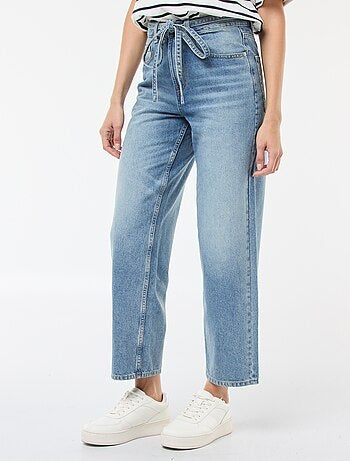 Pantalon denim barrel fit uni avec nœud