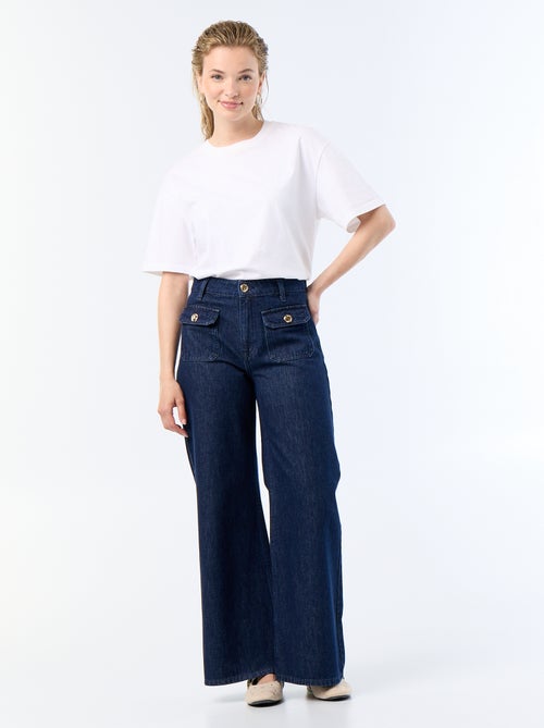 Pantalon denim brut wide leg avec boutons dorés - Kiabi