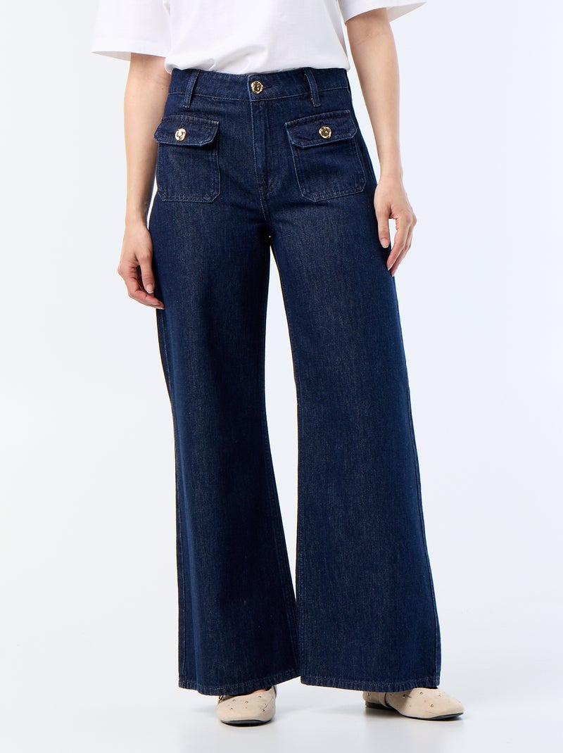 Pantalon denim brut wide leg avec boutons dorés Bleu - Kiabi