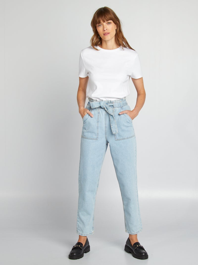 Pantalon denim mom avec ceinture à nouer Triple stone - Kiabi