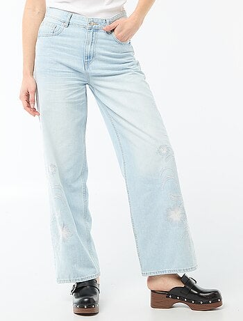 Pantalon denim wide leg avec broderies