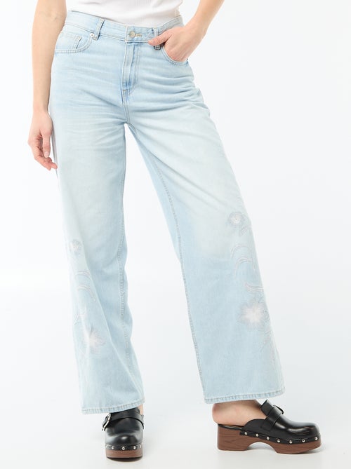 Pantalon denim wide leg avec broderies - Kiabi