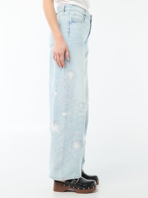 Pantalon denim wide leg avec broderies - Kiabi
