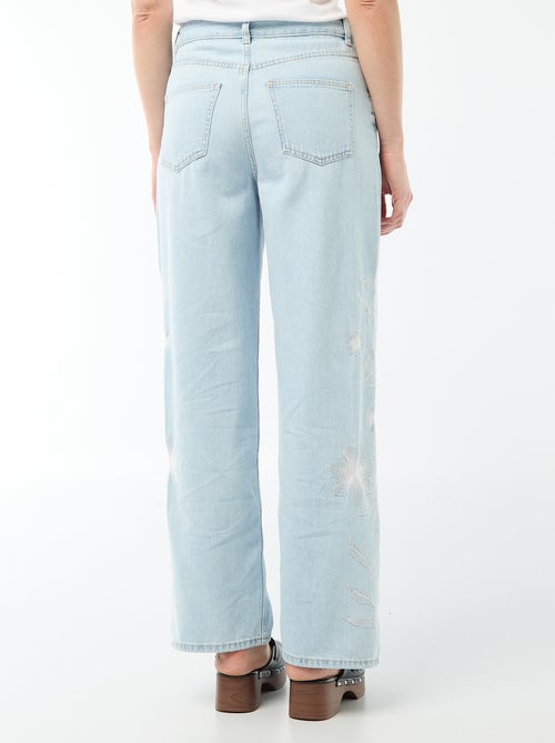 Pantalon denim wide leg avec broderies - Kiabi