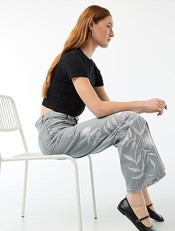Pantalon denim wide leg avec broderies