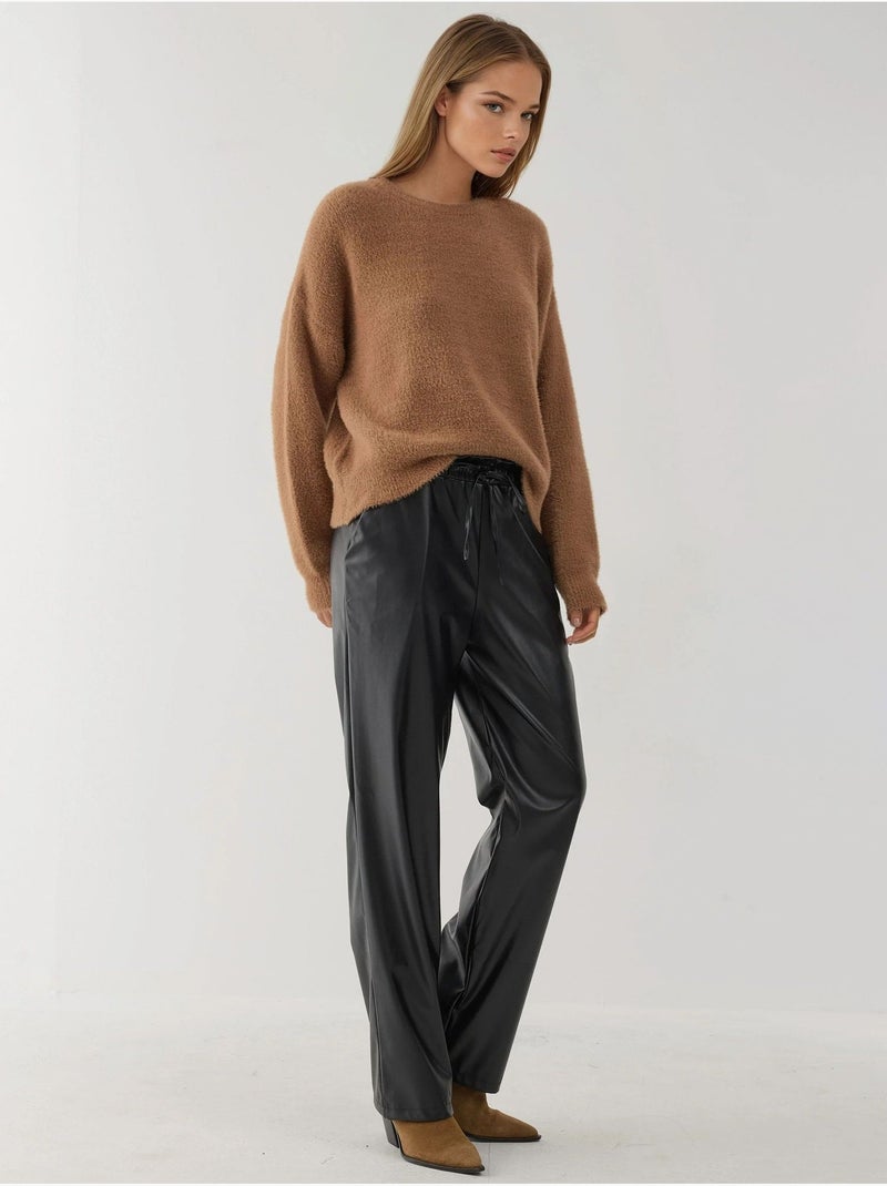 Pantalon droit à taille élastique en similicuir hiccup Noir - Kiabi