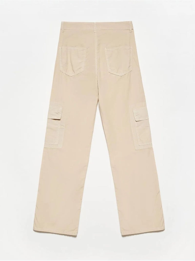 Pantalon droit en popeline de coton à taille haute dilvin Beige argile - Kiabi