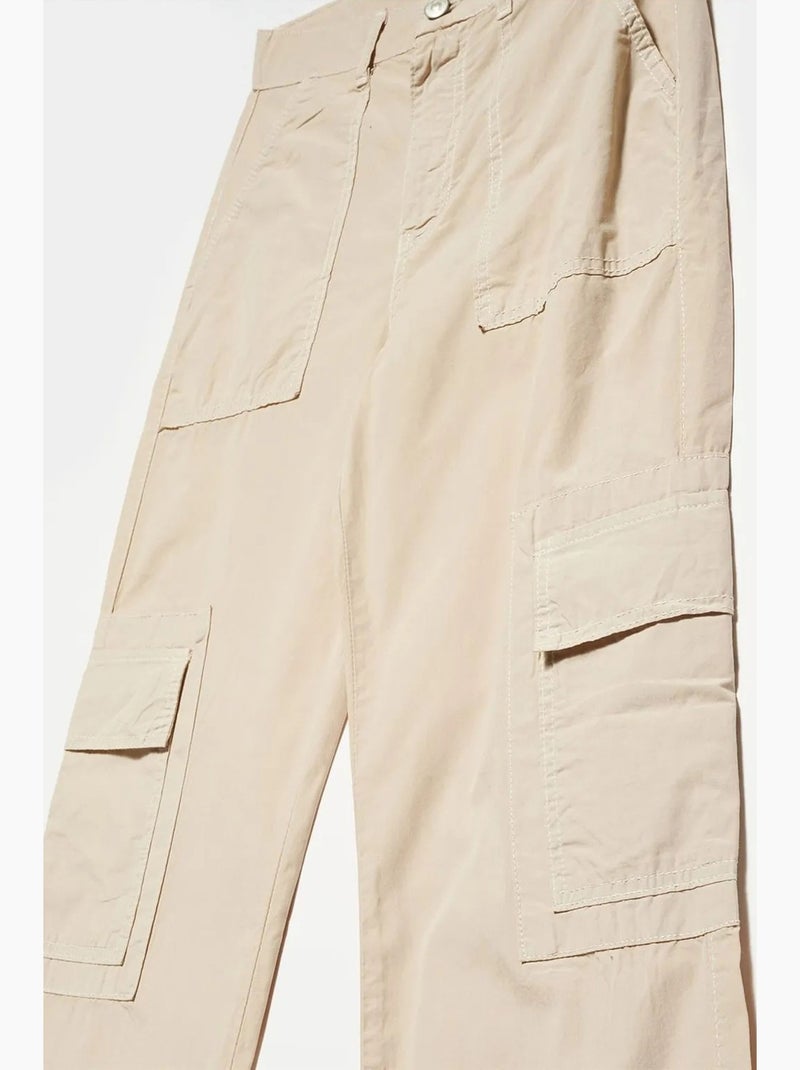 Pantalon droit en popeline de coton à taille haute dilvin Beige argile - Kiabi