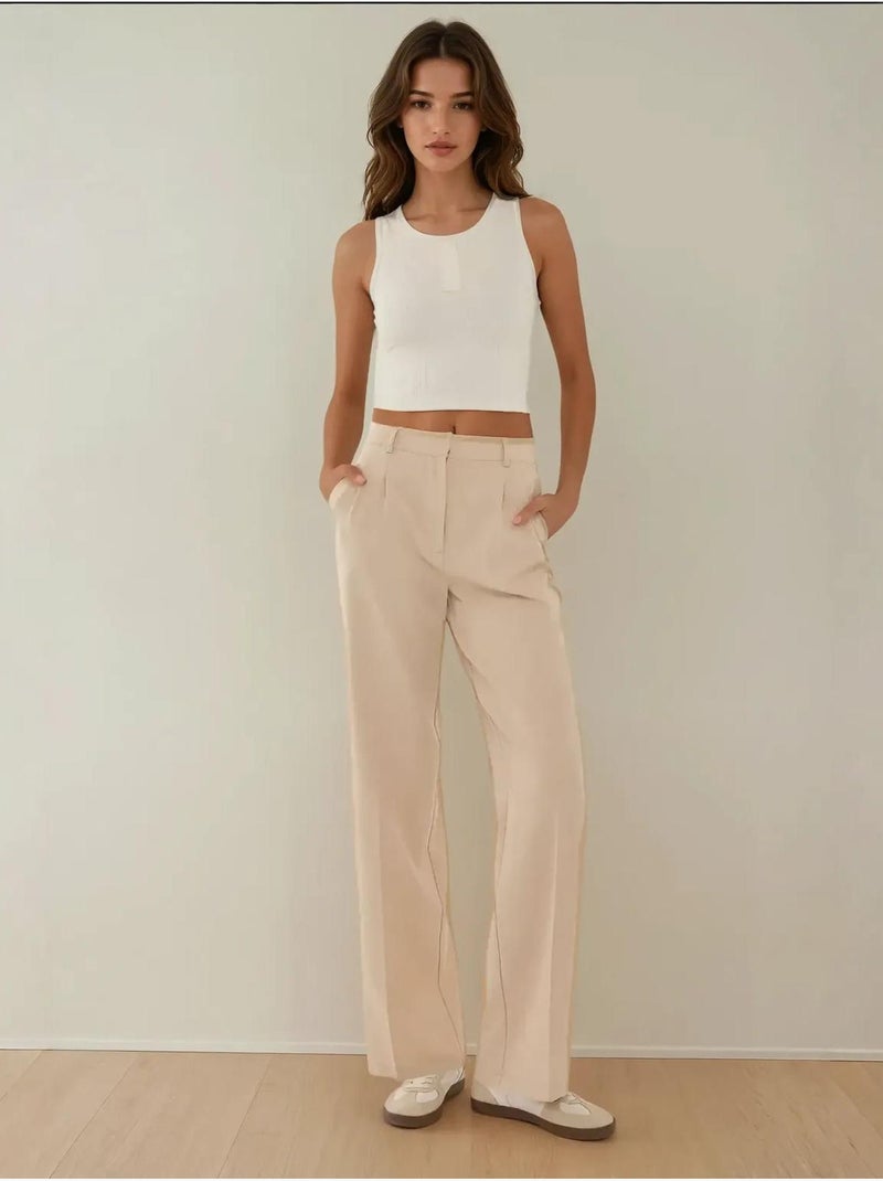 Pantalon droit plissé taille moyenne Beige naturel - Kiabi