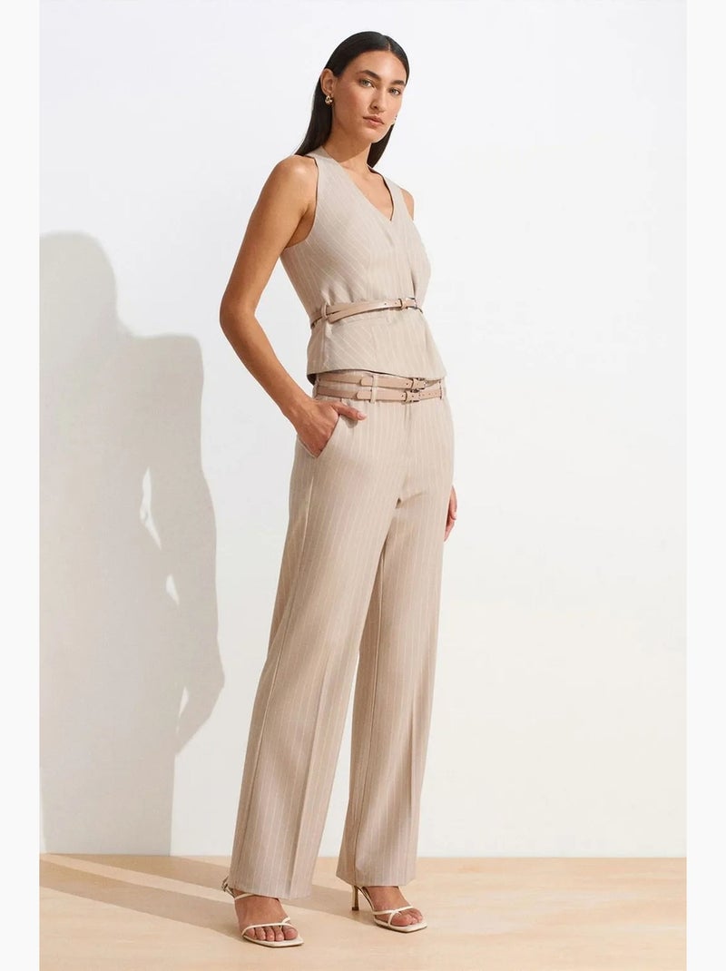 Pantalon droit rayé avec ceinture dilvin Beige clair - Kiabi