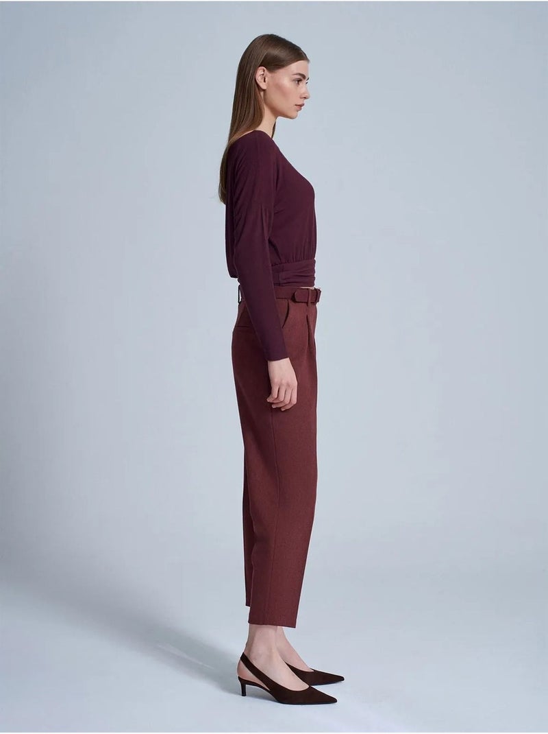 Pantalon droit taille haute avec ceinture dilvin Rouge bordeaux - Kiabi