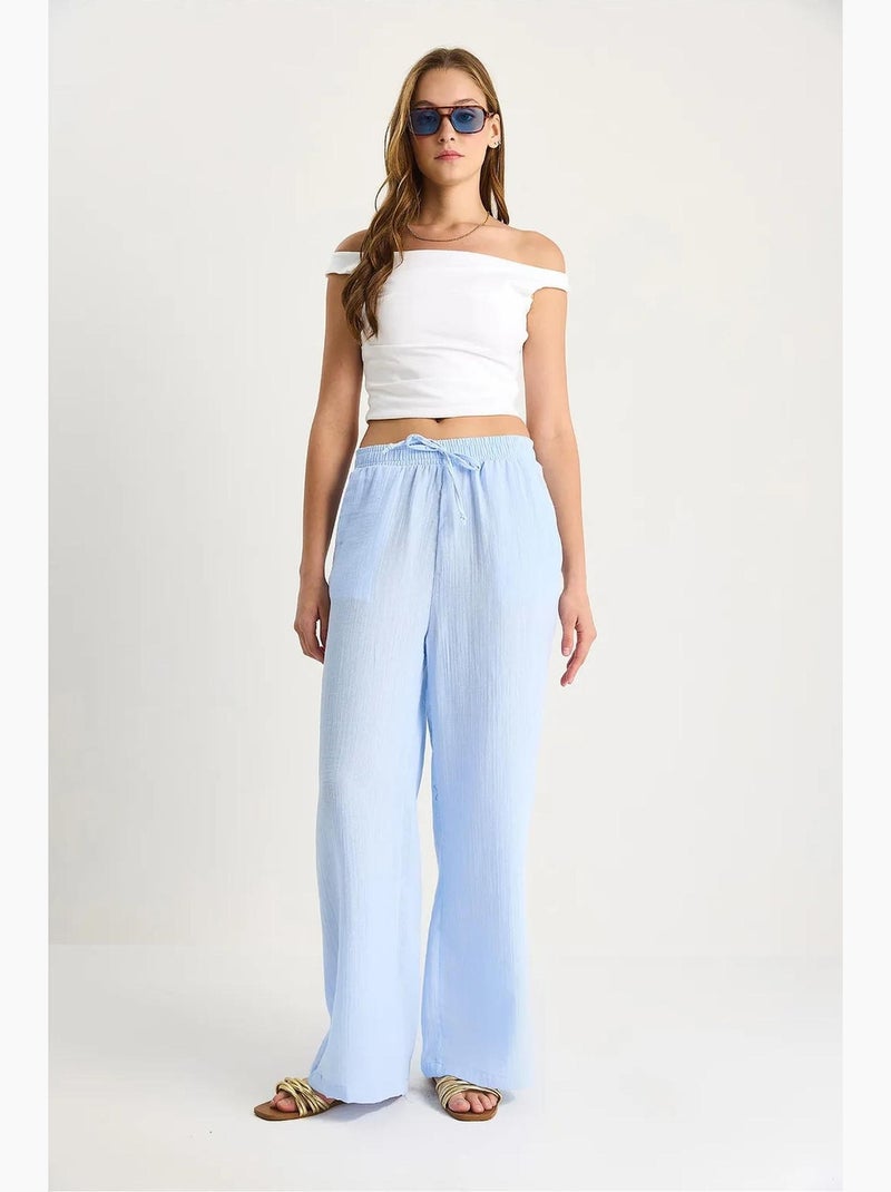 Pantalon droit taille haute avec cordon de serrage à la taille lucci Bleu ciel - Kiabi