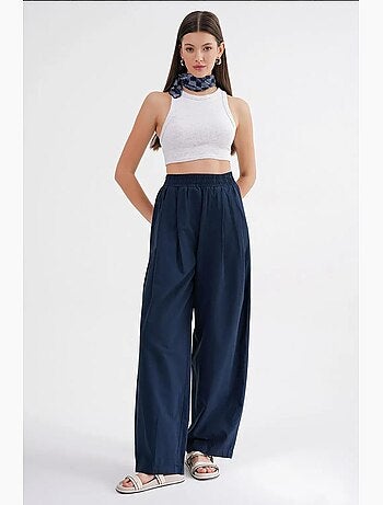 Pantalon droit taille haute en lin mélangé côtelé mixray