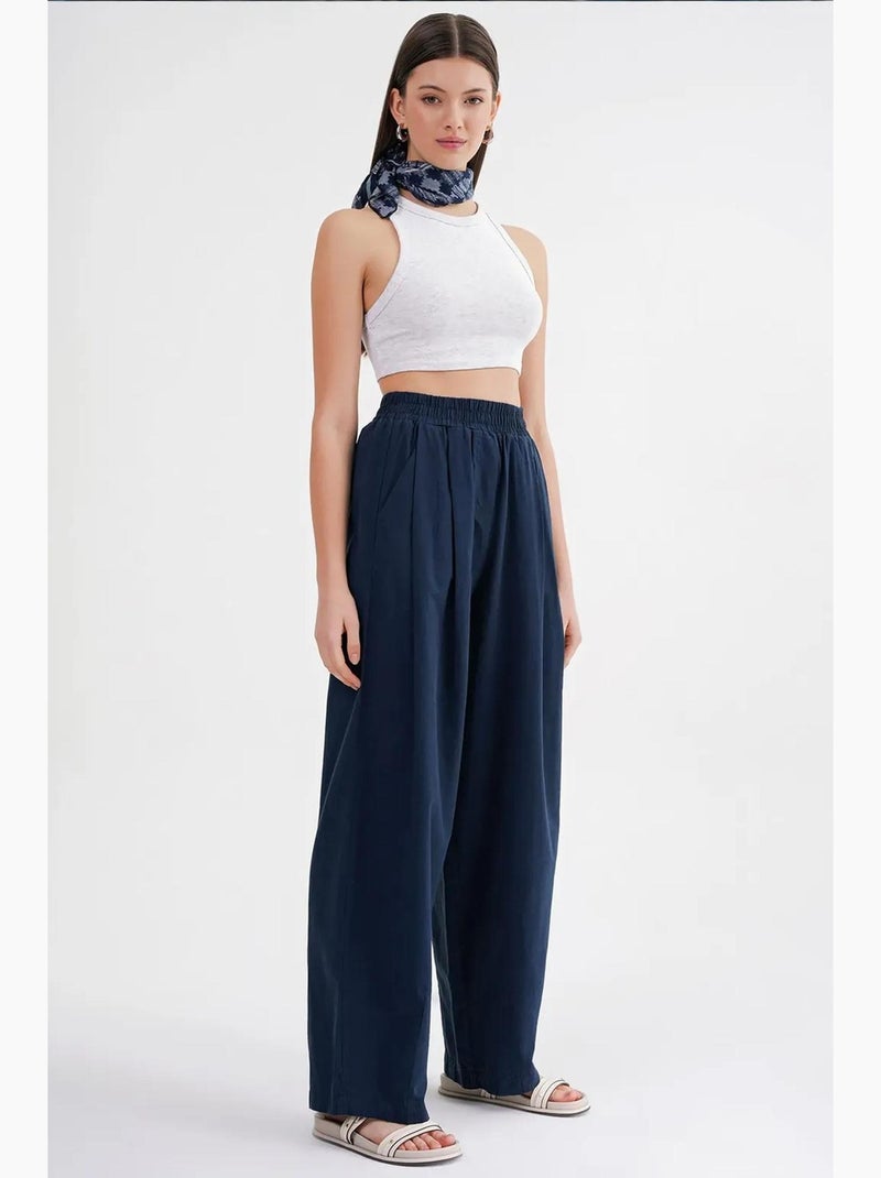 Pantalon droit taille haute en lin mélangé côtelé mixray Bleu marine - Kiabi