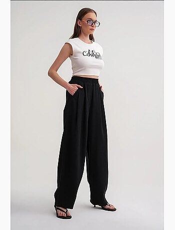 Pantalon droit taille haute en lin mélangé côtelé mixray