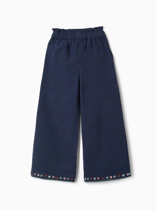 Pantalon en coton à jambe large avec fleurs brodées - Kiabi