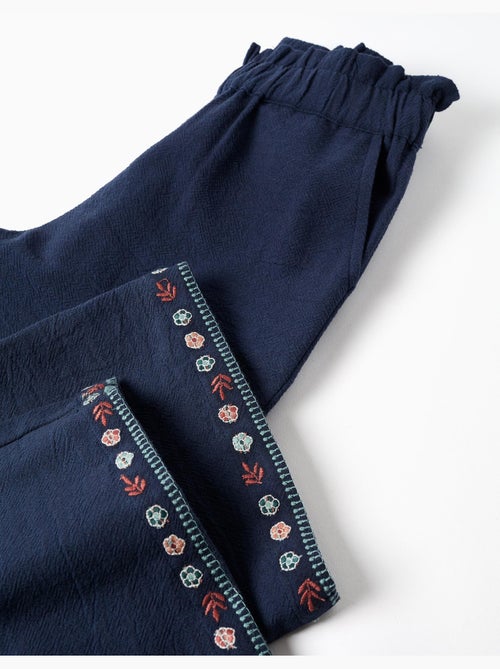 Pantalon en coton à jambe large avec fleurs brodées - Kiabi