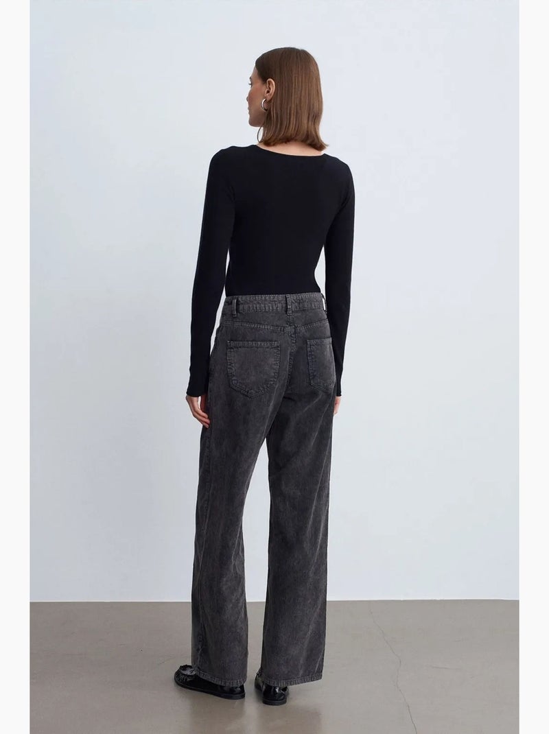 Pantalon en coton à taille haute et jambe large dilvin Gris Noir - Kiabi