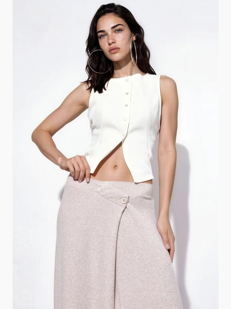 Pantalon en crêpe à jambe large et taille haute busem Beige argile - Kiabi
