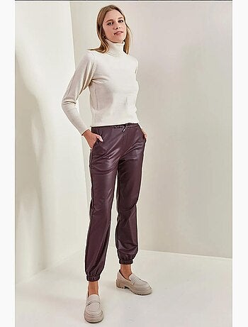 Pantalon en cuir à taille et poignets élastiques bianco lucci