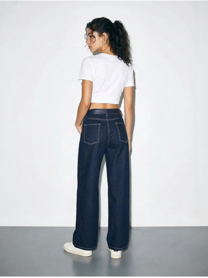 Pantalon en denim taille haute à jambes larges avec ceinture lucci Bleu marine - Kiabi
